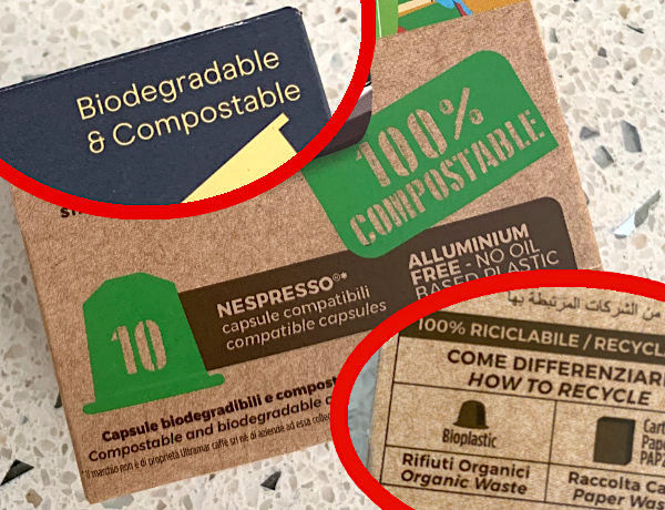 packs of biodegradable and compostable pods showing fine print